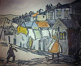 A painting of a woman hanging out some washing